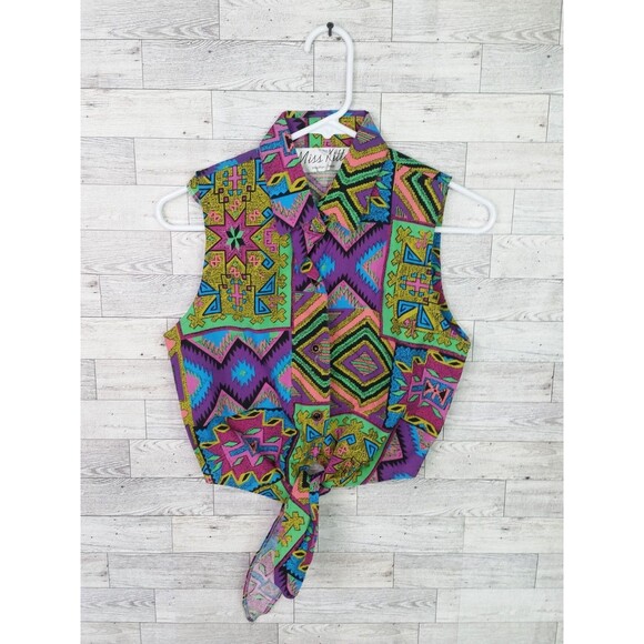 Vintage 80s 90s Miss Kitty Southwestern Aztec Print Tie Up Vest Top Western Sz M - Picture 1 of 10